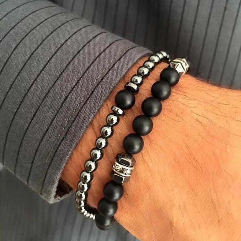 Men's 8mm Black Frosted Copper Bead Spot Drill Spacer Elastic Set Bracelet by GJG Denim