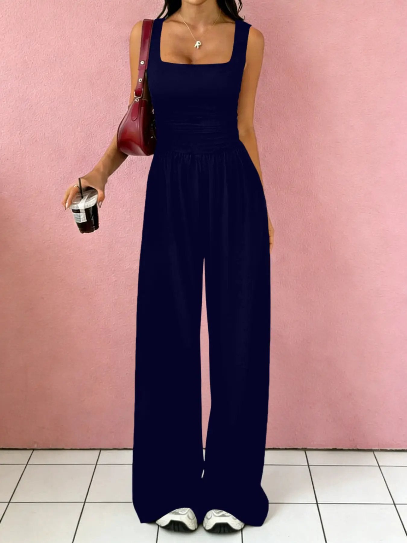 Solid-Color Sexy Tank Top Casual Wide-Leg Pants Two-Piece Set by GJG Denim