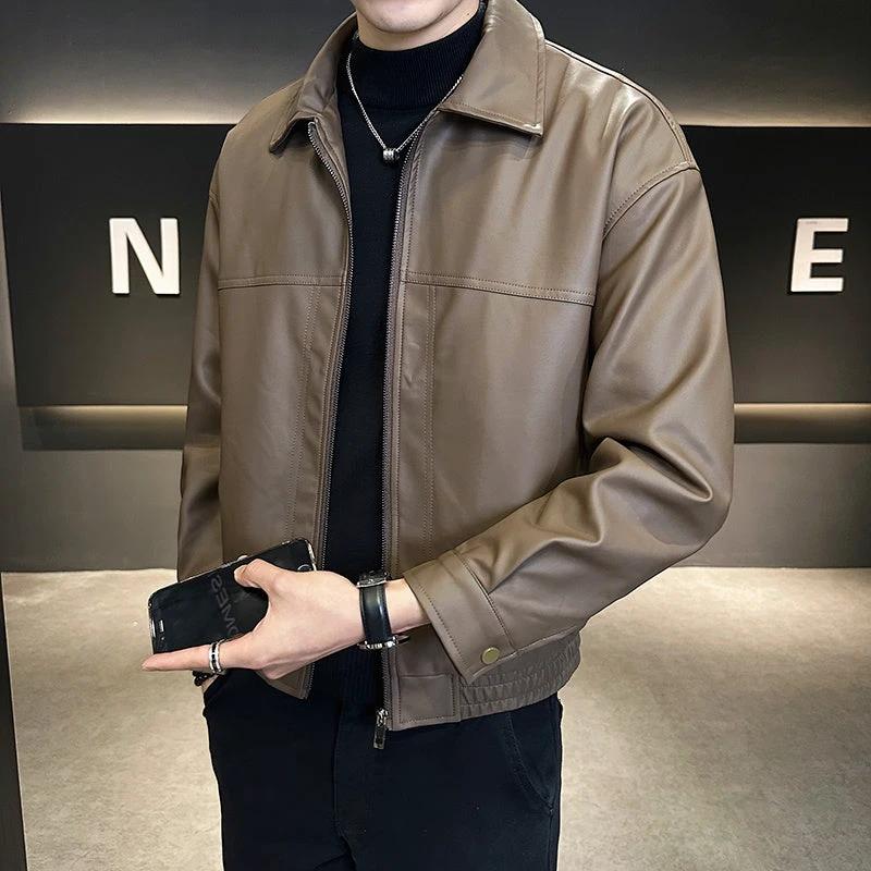 Men's Slim-fit Trendy High-grade Pu Shuai Motorcycle Retro Leather Coat by GJG Denim