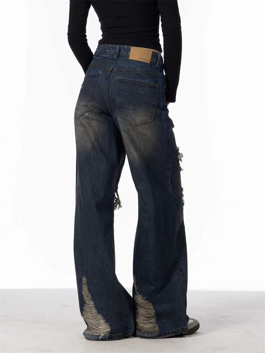 Distressed Camouflage Patch Ripped Jeans Women Loose Straight-leg Wide-leg Pants by GJG Denim