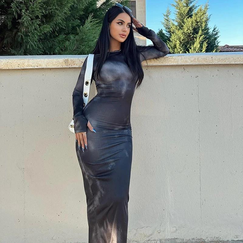 Fashion Tie-dye Long-sleeved Dress Slim Fit Hip-hugging Long Dress Womens Clothing by GJG Denim