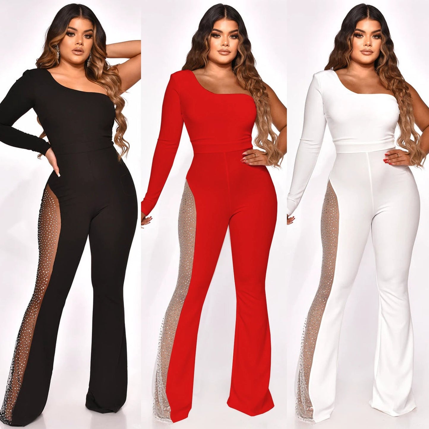 Fashion Mesh Patchwork Hot Drilling Micro-pull Jumpsuit by GJG Denim