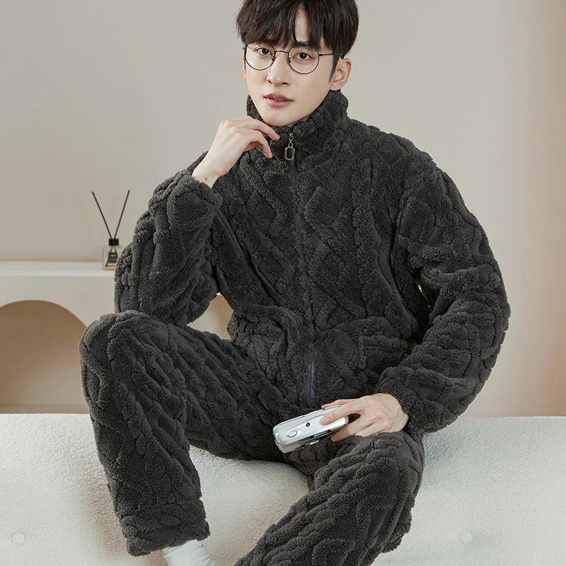 Pajamas Men's Jacquard Flannel Loose Fleece-lined Warm Loungewear by GJG Denim