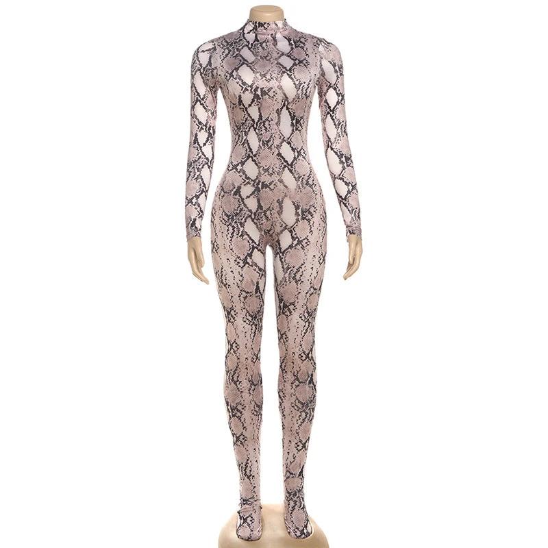 Print High-neck Long-sleeved Sexy High-waisted Slim Jumpsuit by GJG Denim