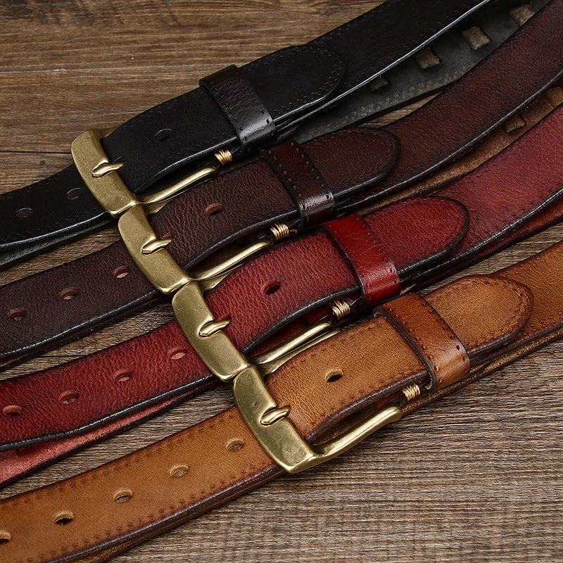 Retro Genuine Leather With Brass Buckle Belt For Men by GJG Denim