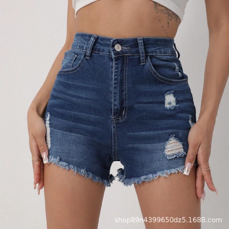 Womens High-waisted Slim-fit Ripped Denim Shorts by GJG Denim