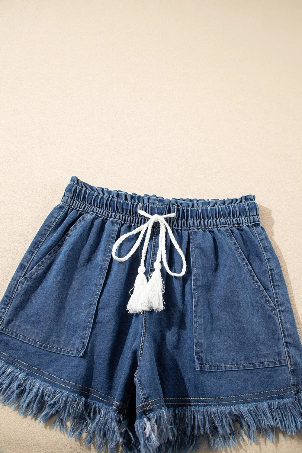 Raw Hem Drawstring High Waist Denim Shorts with Pockets by Lady Ros