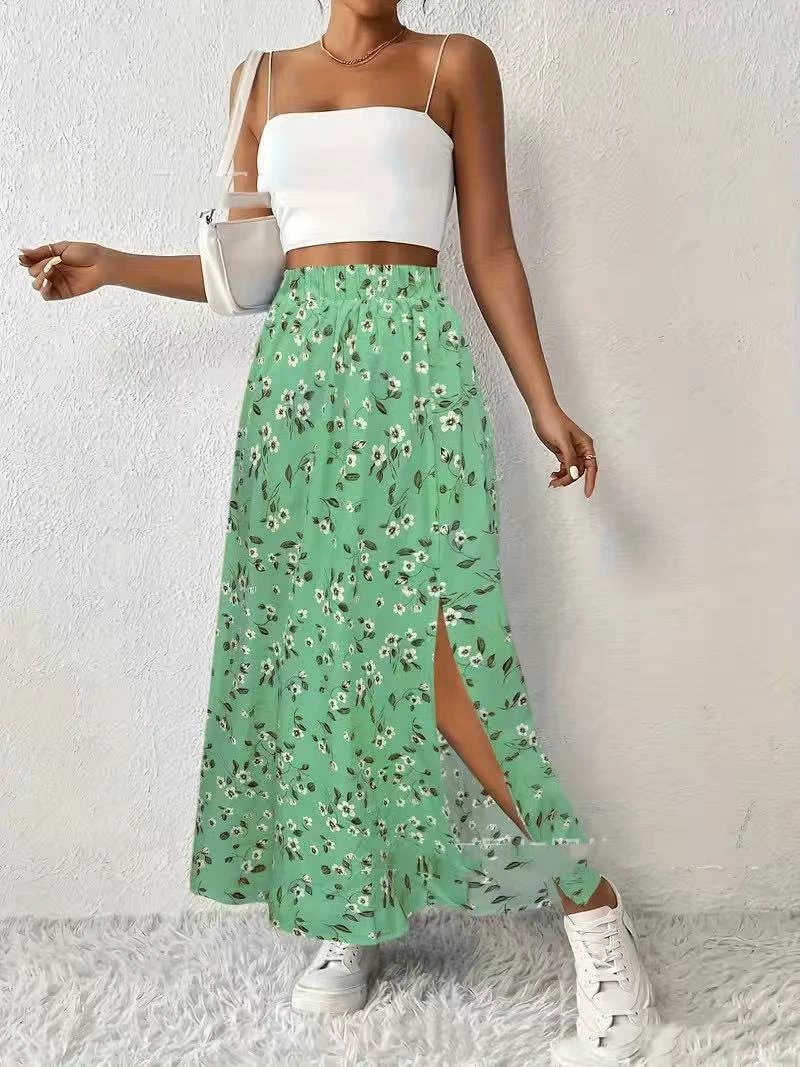 Women's Fashionable With Side-slit Printed Skirt by GJG Denim