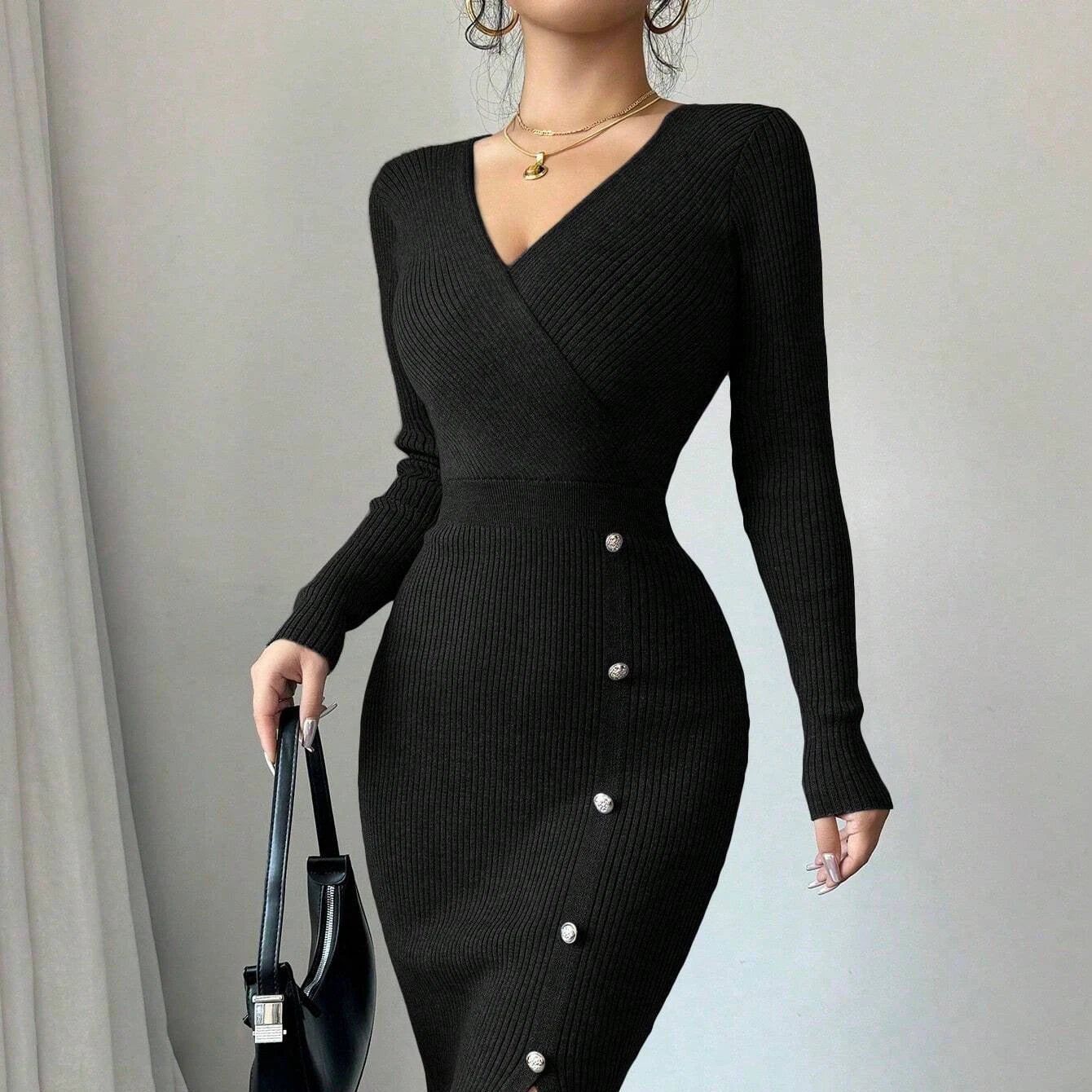 French Waist-tight Mid-length Sheath Inner Wear Base Skinny Knit Dress by GJG Denim