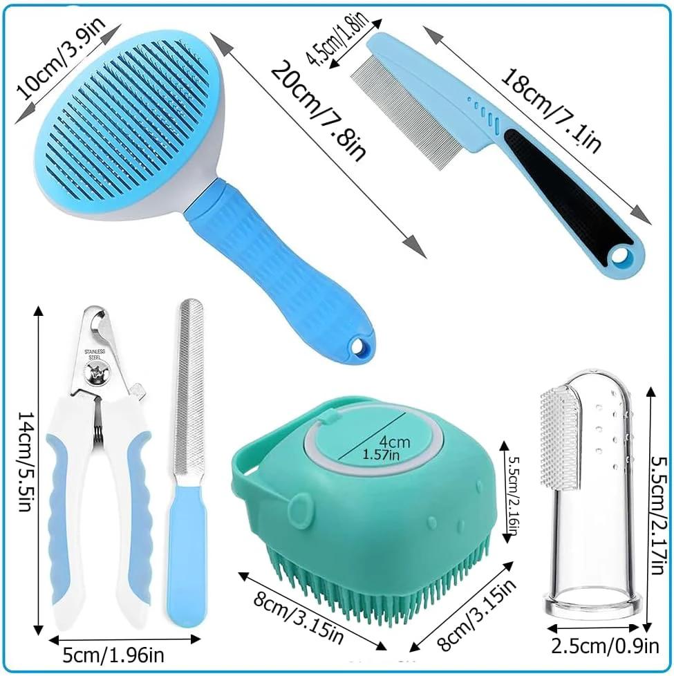 7pcs Pet Grooming Kit, Self-Cleaning Brush Shedding Kit With Nail Clipper, Flea Comb, Shampoo Bath Brush, Finger Toothbrush by GJG Denim