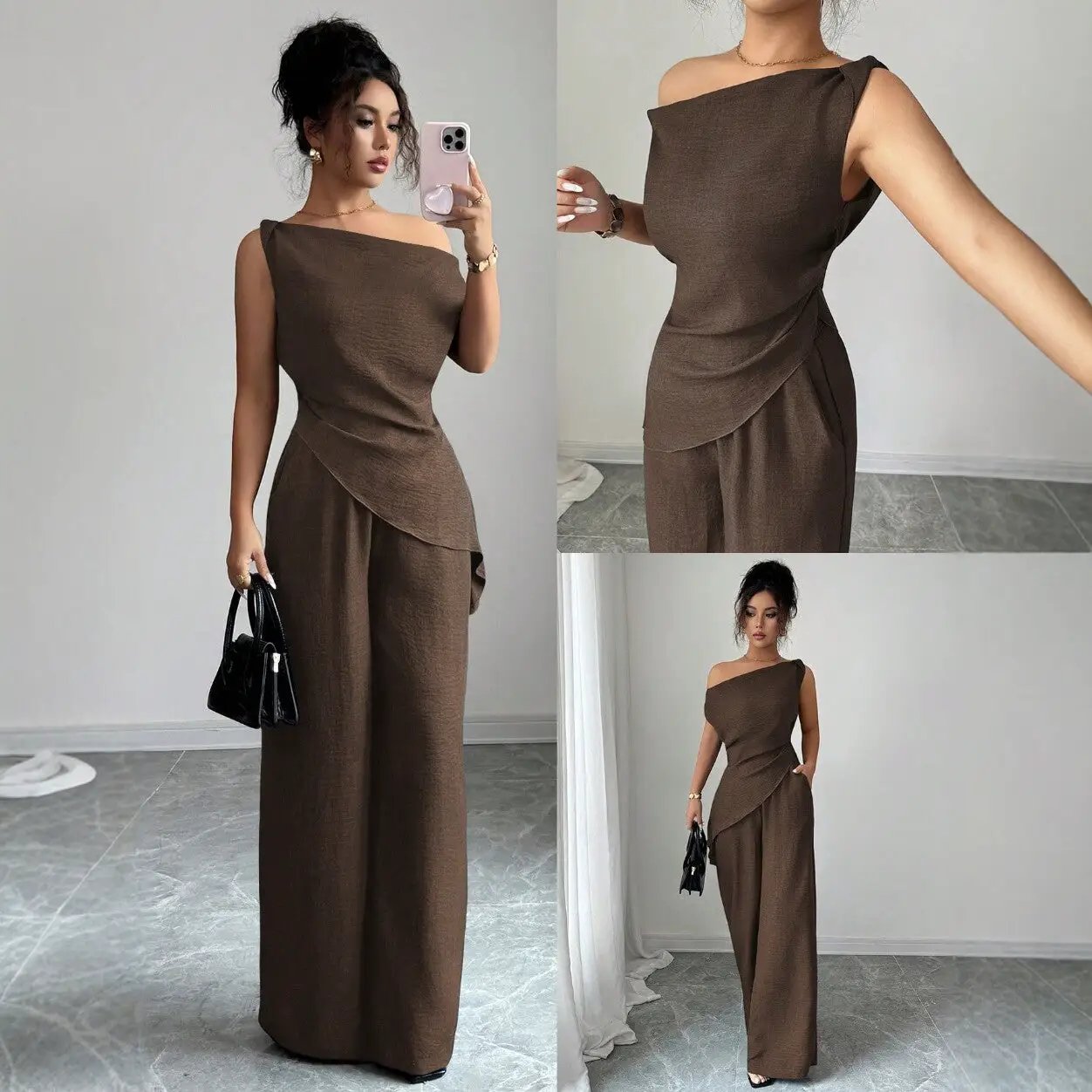 Solid-color Wide-leg Pants Suit For Women by GJG Denim