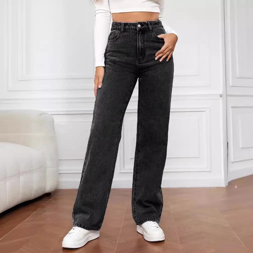 Washed Fashion Straight Jeans Women's Mid Waist by GJG Denim