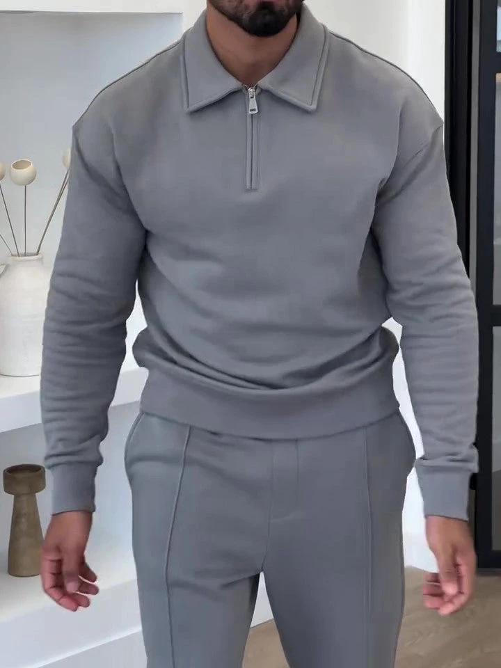 Men's Half-Zip Polo Sweatshirt & Slim Flare Pants Set by GJG Denim