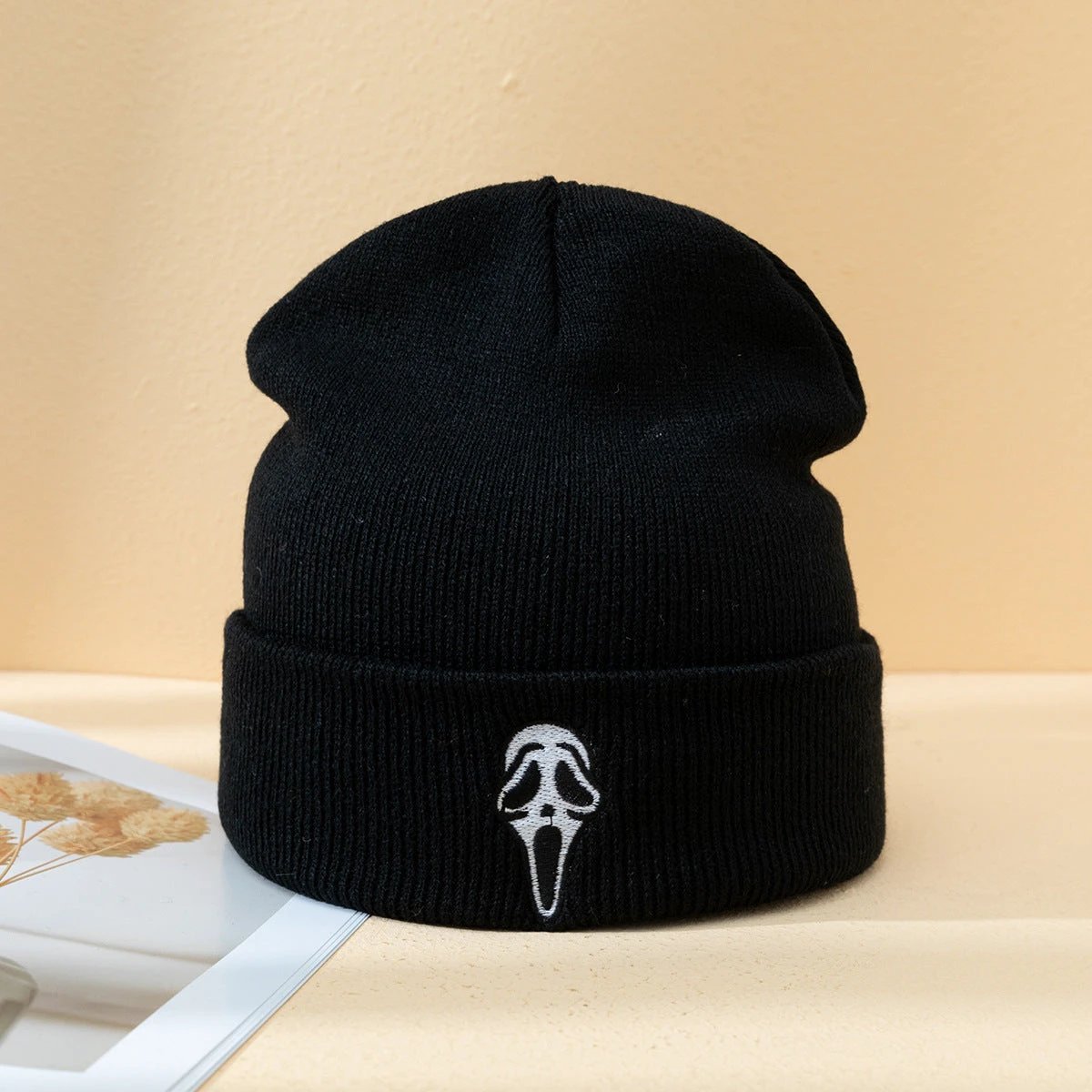 Men's Embroidered Ghost Face Knitted Beanie by GJG Denim