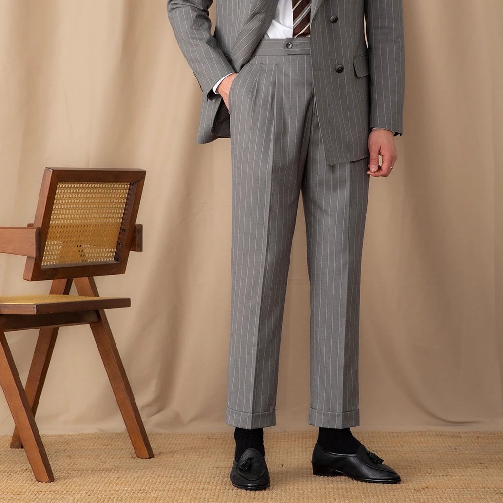 Men's Thin High Waist Straight British Striped Gentry Business Casual Pants by GJG Denim