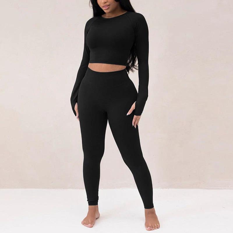 Long Sleeve Round Neck Top Package Hip Skinny Trousers High Elastic Sports Yoga Body-hugging Suit by GJG Denim