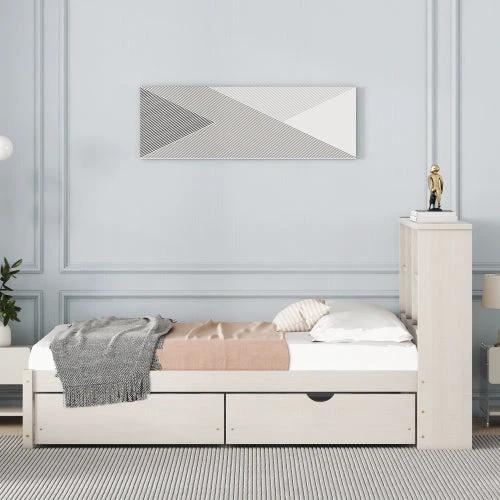 Modern Twin Size Bed Frame With Built-in USB Port On Bookcase Headboard And 2 Drawers White Washed Color by GJG Denim