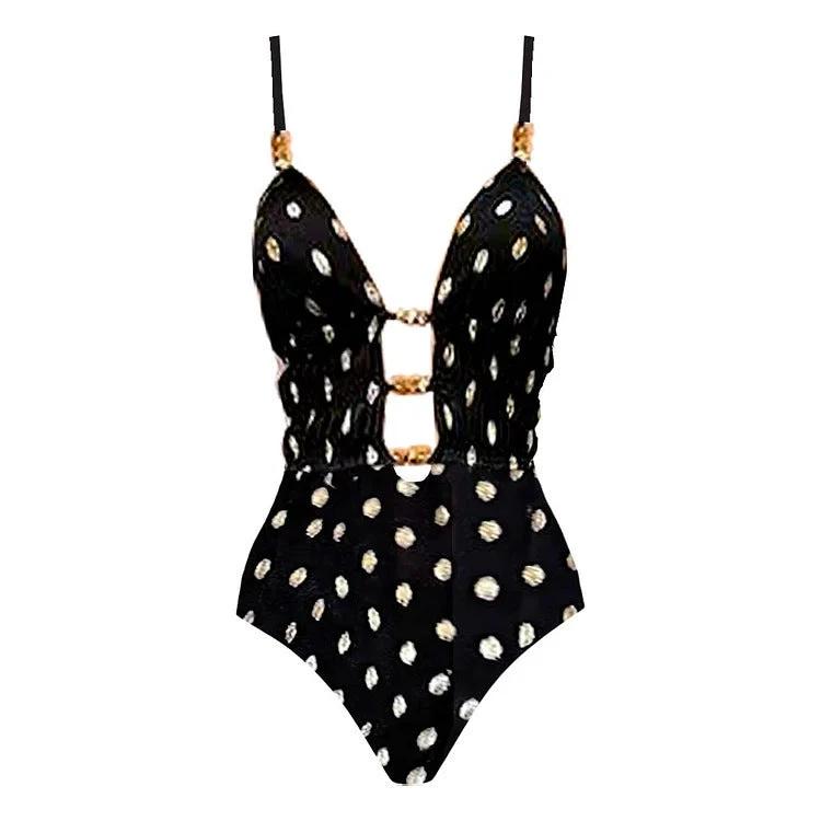 Deep V Retro Dots Printed One-piece Swimsuit Suit by GJG Denim