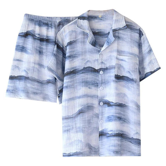 Cotton Double Yarn Crepe Short Sleeve Shorts Men's Pajamas Set by GJG Denim