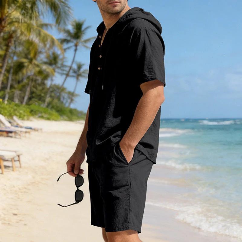 Mens Loose Breathable Linen Hooded Casual Set by GJG Denim
