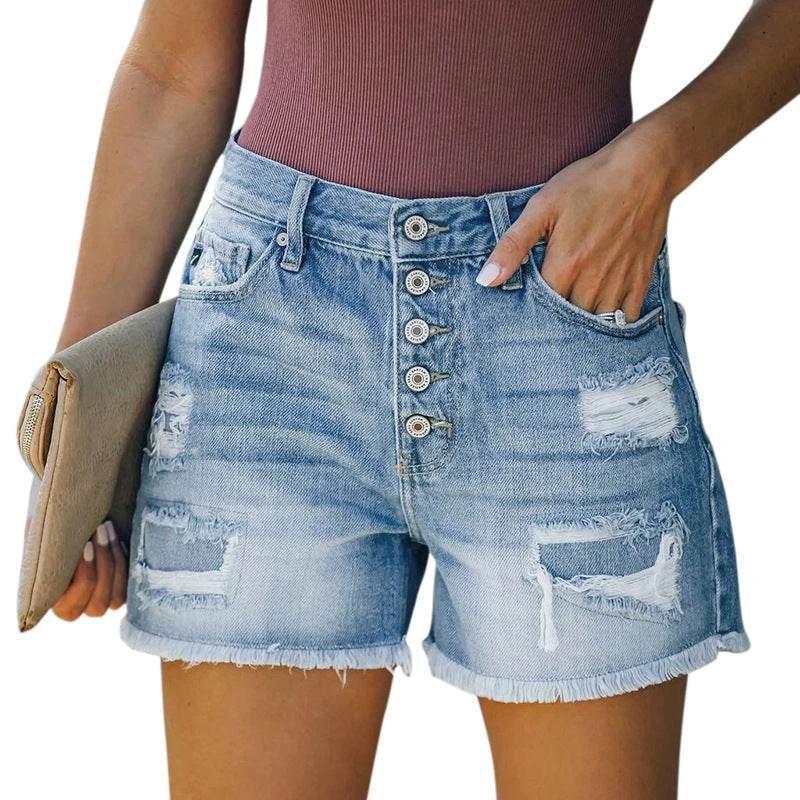 Explosive Hole Flow Patch Ladies High Stretch Denim Shorts by Zara-Craft