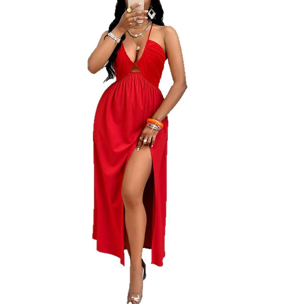 Deep V-neck Drawstring Halter Dress by GJG Denim