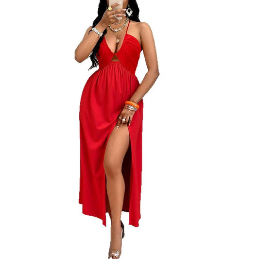 Deep V-neck Drawstring Halter Dress by GJG Denim