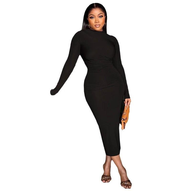 Women's Solid Color Round Neck Long Sleeve Pullover Dress by GJG Denim