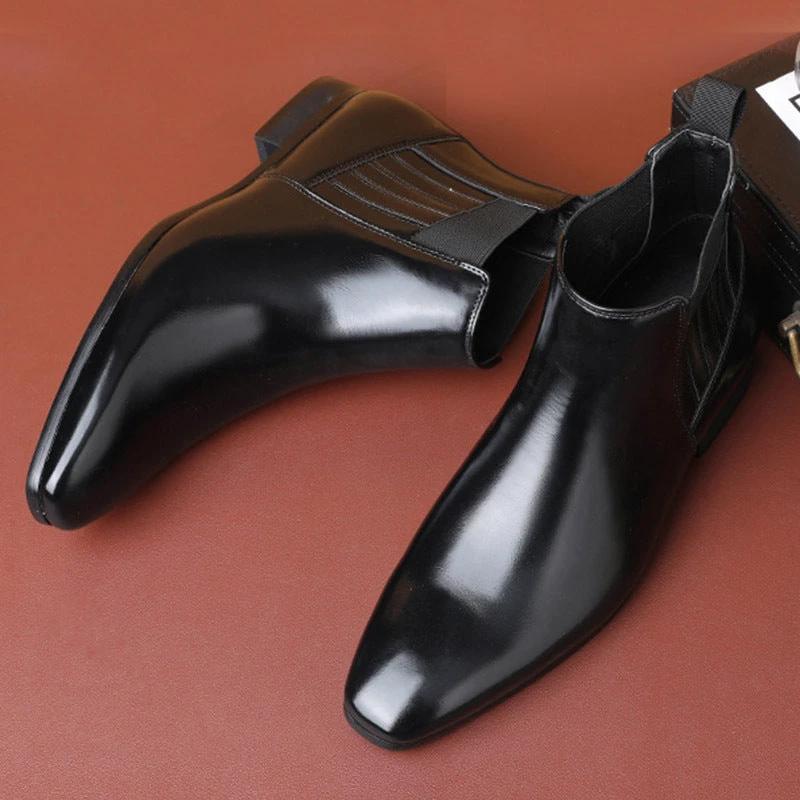 Men's Pointed Toe Chelsea-style Boots Square Heel Business Formal Leather Shoes by GJG Denim