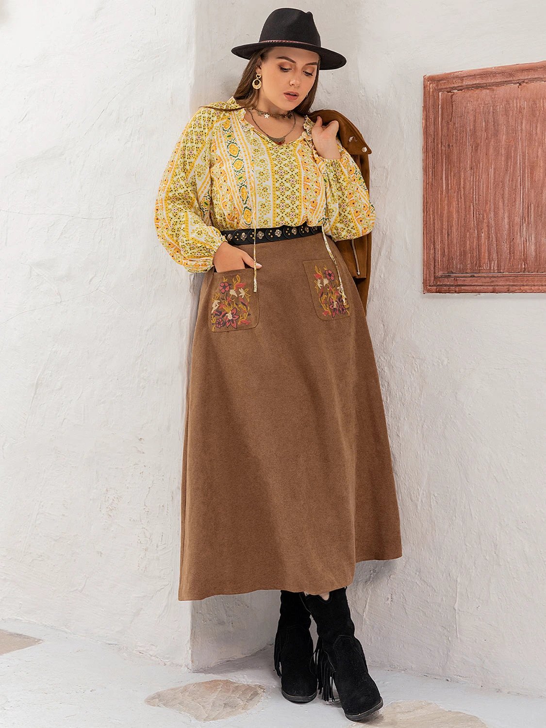 Plus Size Embroidered Pocketed High Waist Skirt by Lady Ros