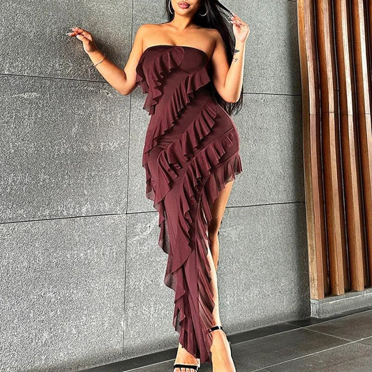 Summer Trend Skinny Women's Fashion Tube Top Backless Split Tassel Dress Birthday Party Clubwear by GJG Denim