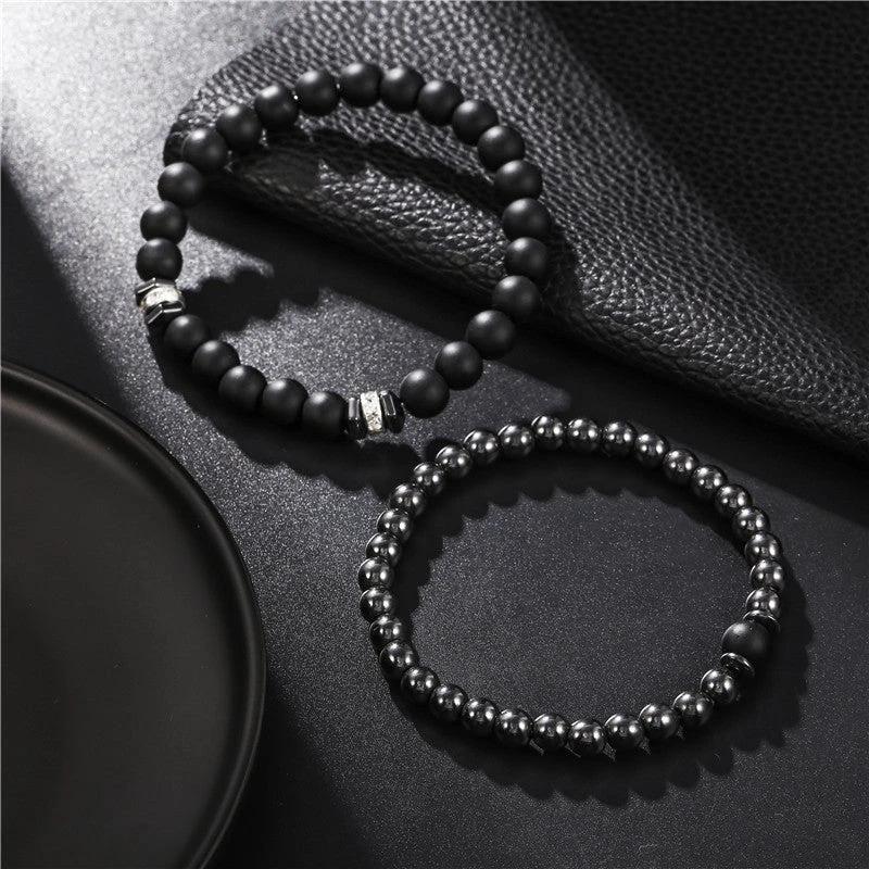 Men's 8mm Black Frosted Copper Bead Spot Drill Spacer Elastic Set Bracelet by GJG Denim