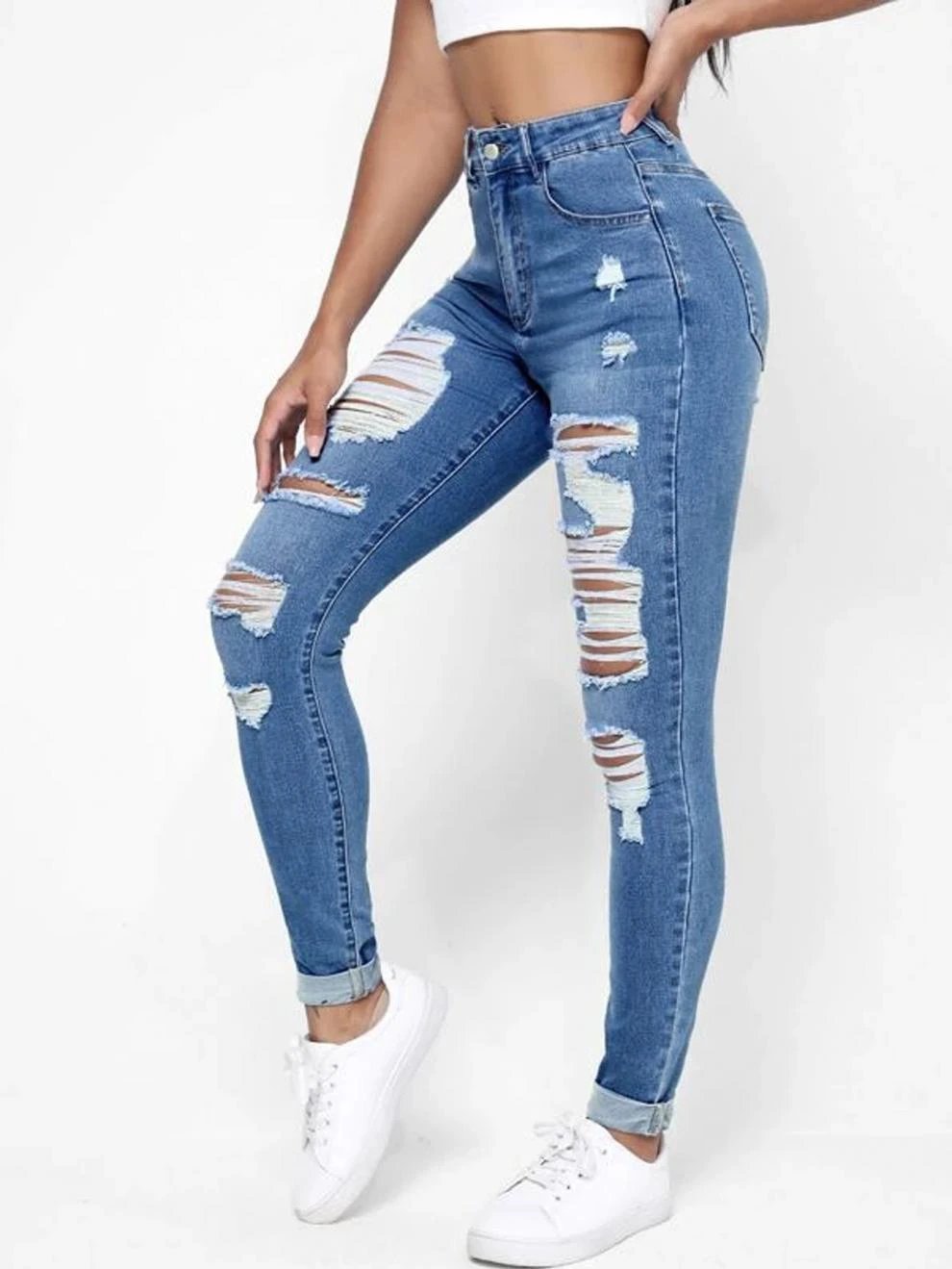 Skinny Jeans Women's High Waist Slim Fit Slimming Holes Skinny Pants by GJG Denim