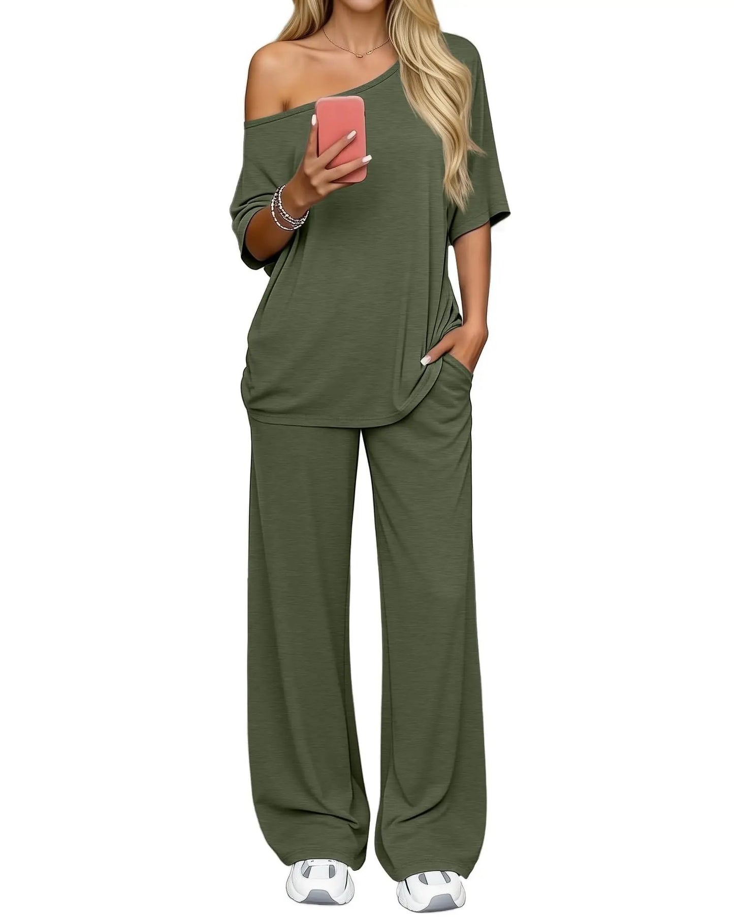 Off-shoulder Loose Casual Short-sleeve Top And Wide-leg Pants Two-piece Set by GJG Denim