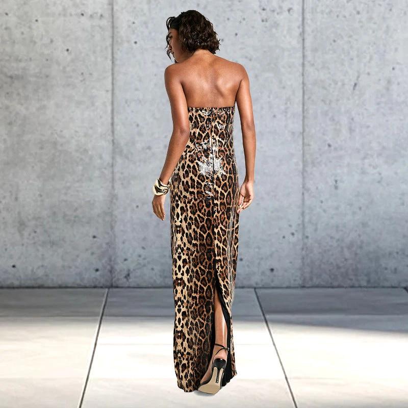 European And American Contrast Color Leopard Print Sexy Tube Top Dress Women by GJG Denim