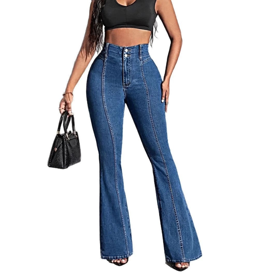 Front And Rear Stitching High Slimming Elastic Mid-waist Flared Jeans by GJG Denim