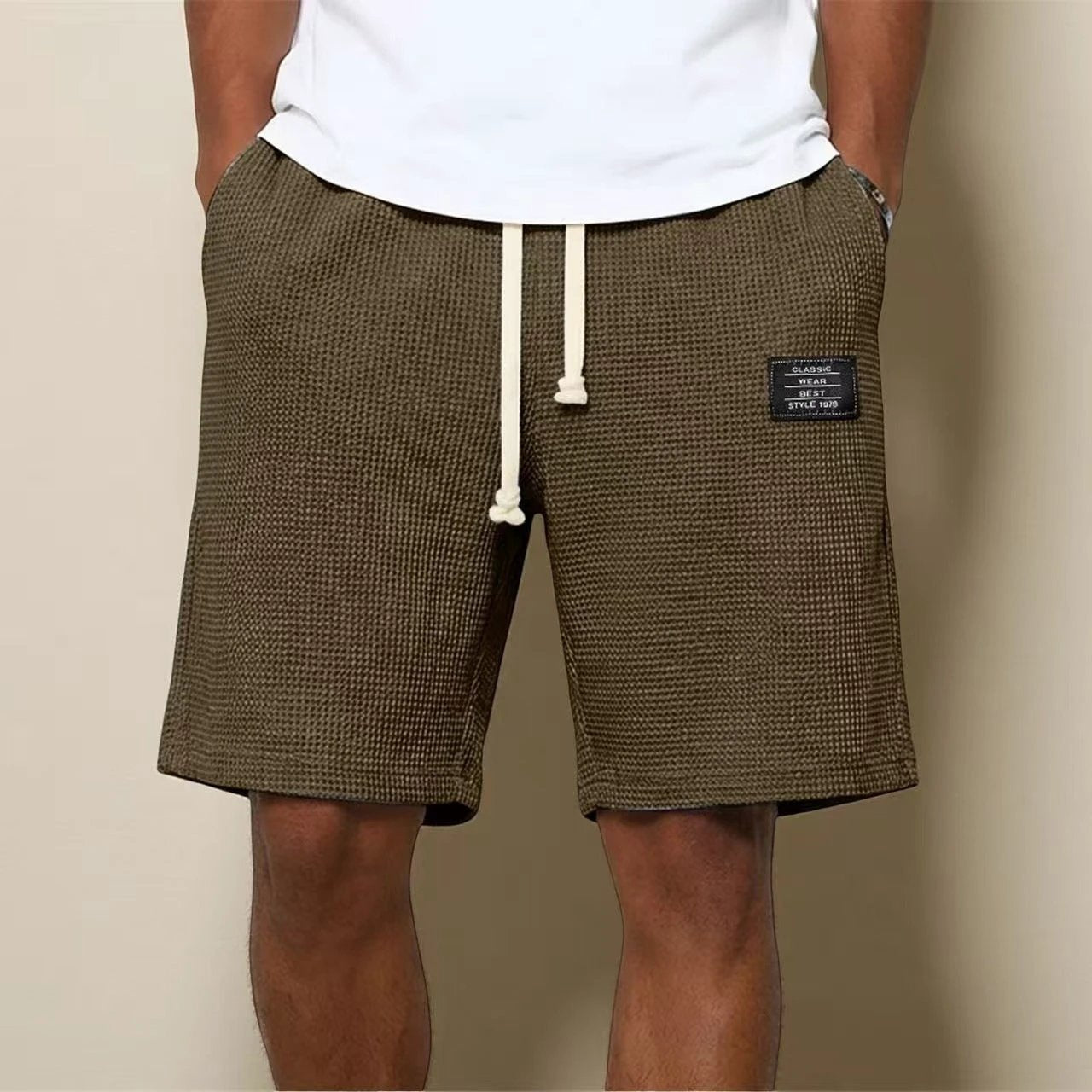 Men's Simple Waffle Knit Embroidered Casual Solid Color Shorts by GJG Denim