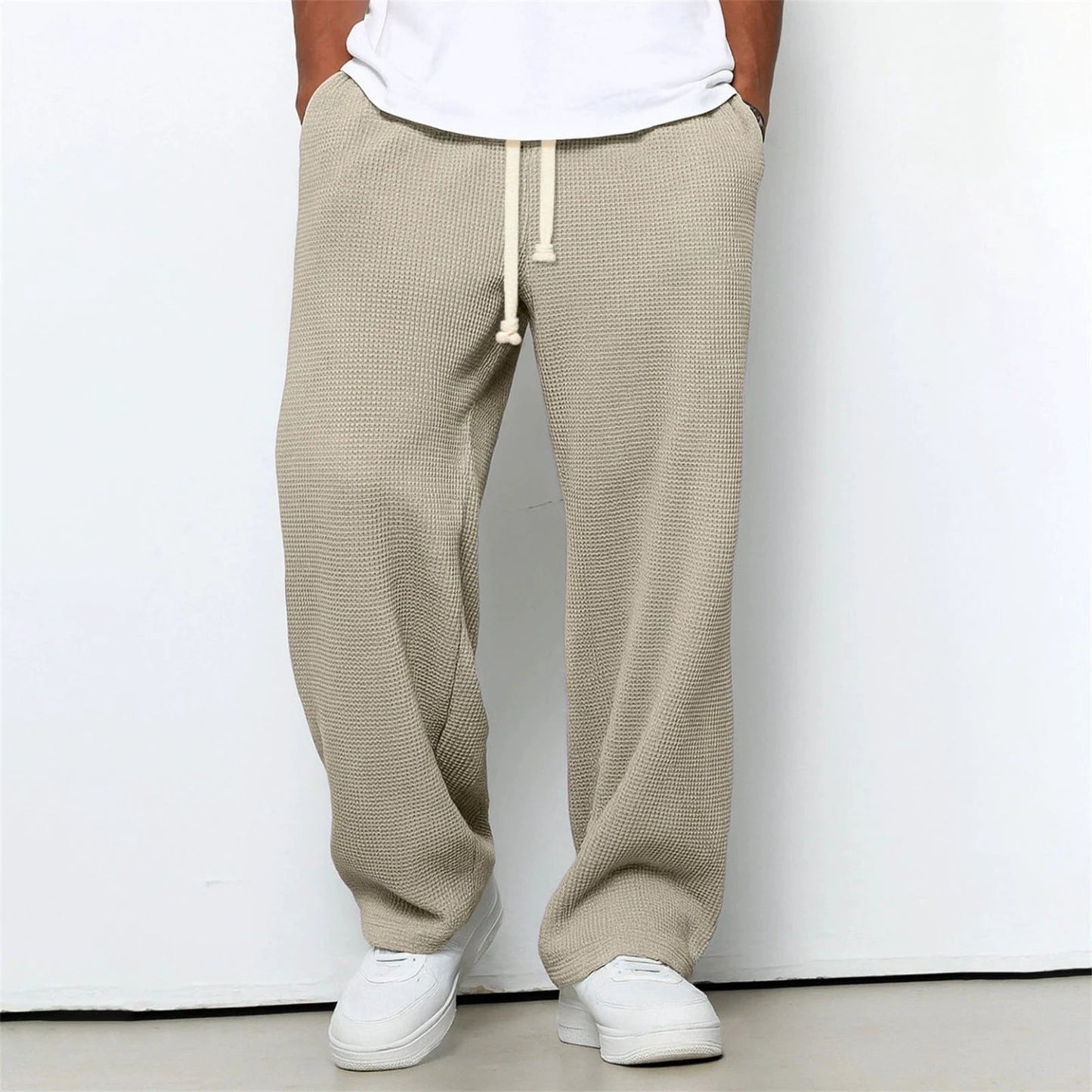 Men's Relaxed-fit Waffle-knit Wide-leg Leisure Pants by GJG Denim