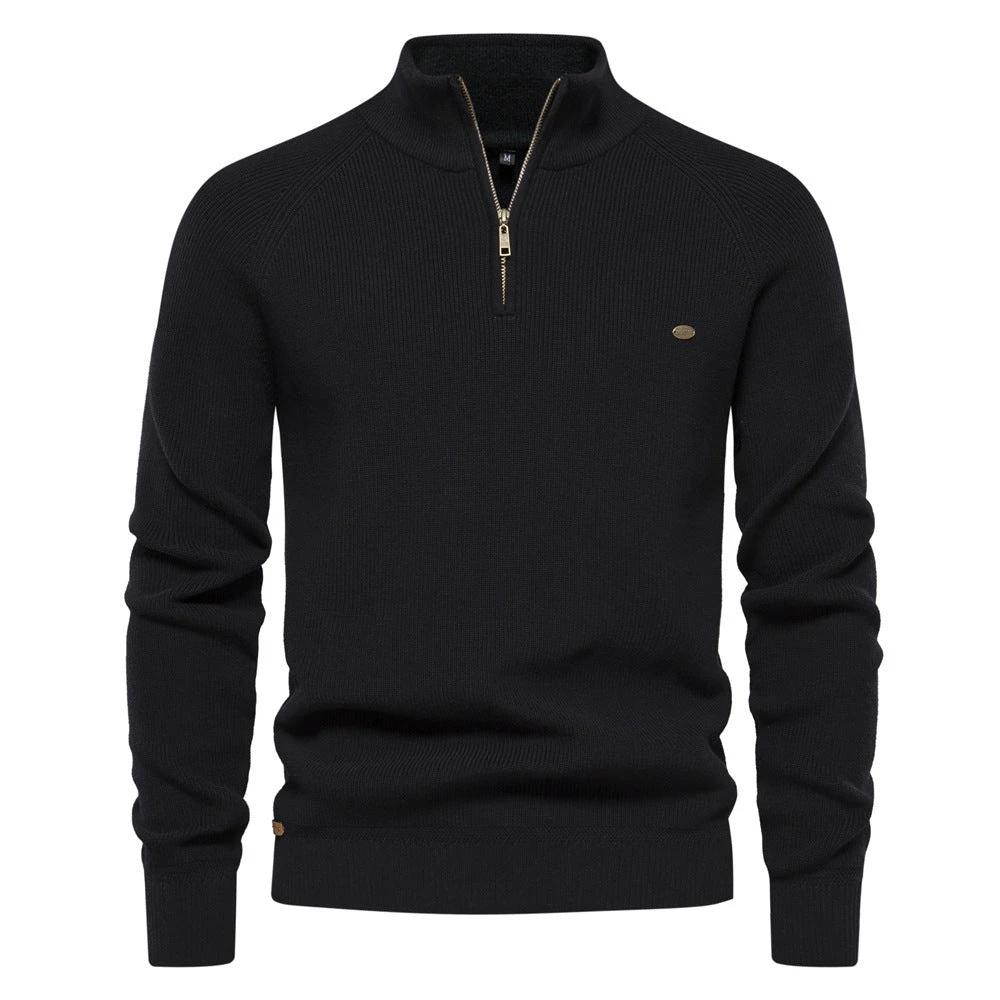 Men's Zipper Stand Collar Knitted Sweater Fashion Slim Solid Color Long Sleeve Half Turtleneck Top Men's Clothing by GJG Denim