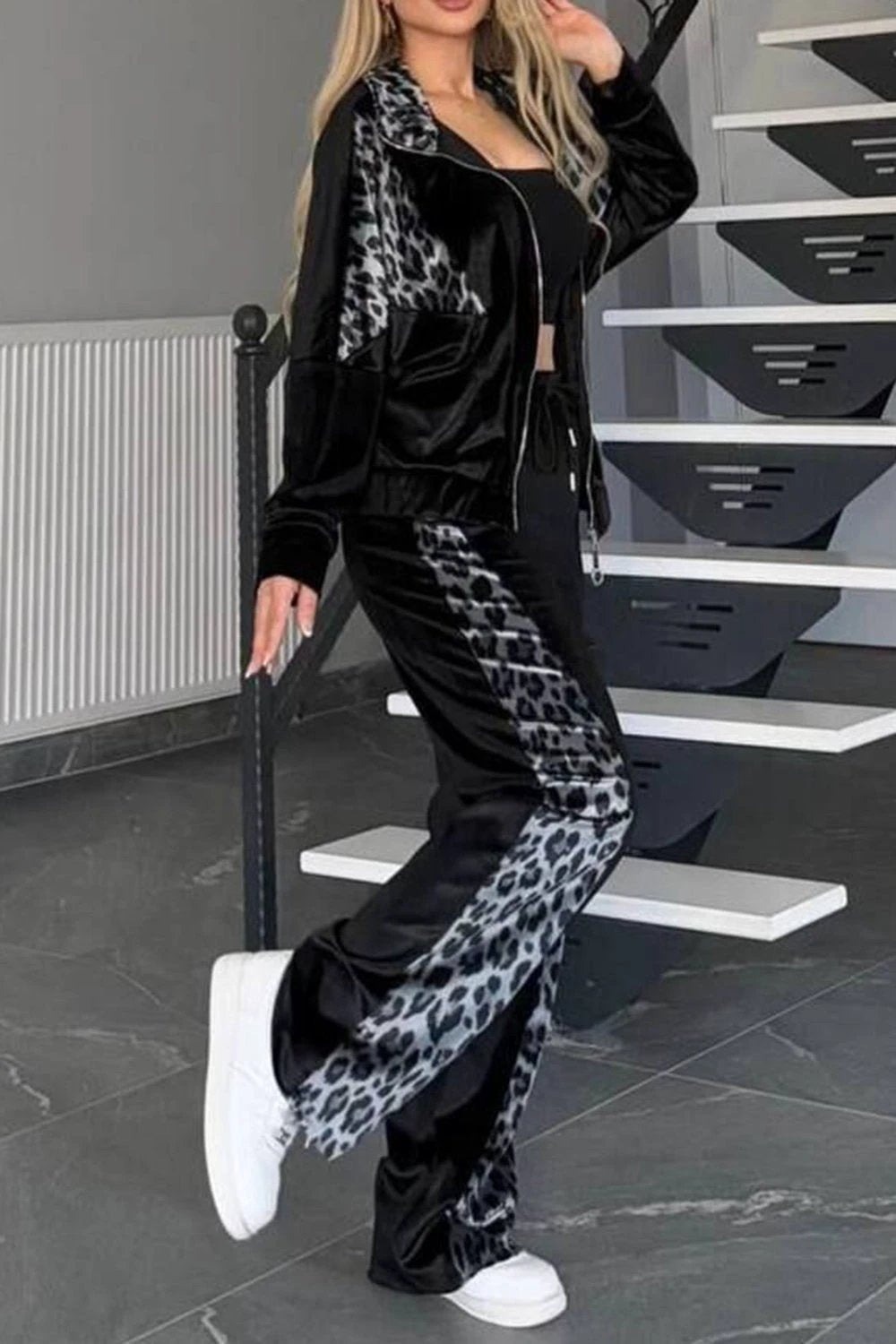 Full Size Collared Neck Leopard Zip Up Top and Pants Set Plus Size by Lady Ros