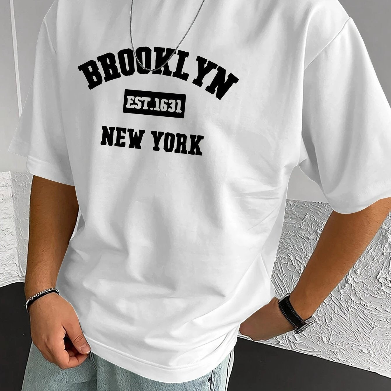 Men's Summer Spring Brooklyn Fashionable Printed T-shirt, Casual Short Sleeved Fashionable Style T-shirt, Sporty New Casual Short Sleeved Top by GJG Denim