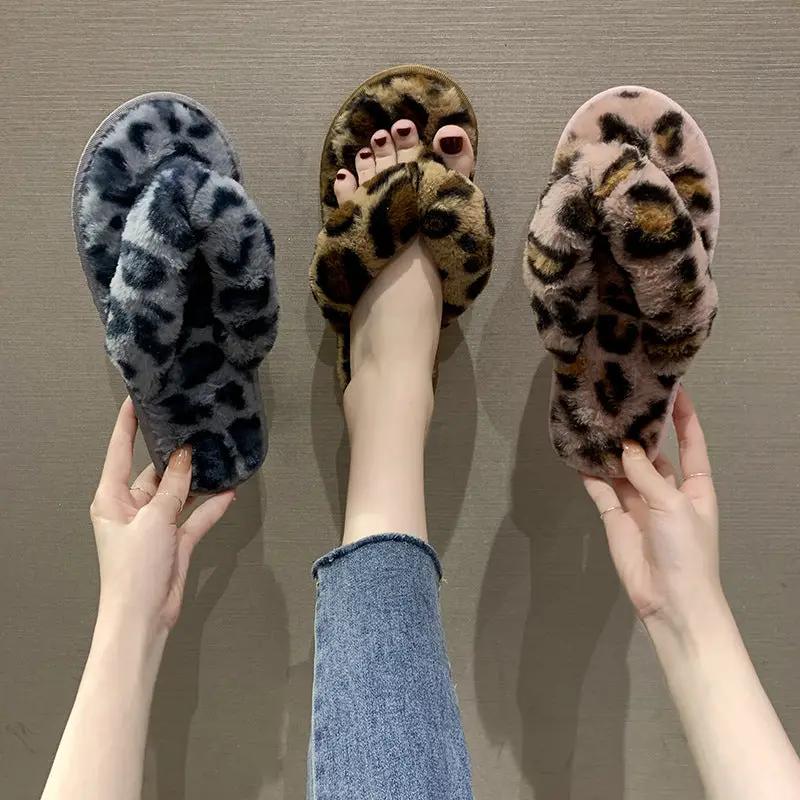 New Leopard Cross Fluffy Slippers Women's Home Indoor Fashion Plush Cotton Slippers Flip-flops Women by GJG Denim