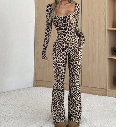 Women's Slim-fit Hip-wrapped Square Collar Leopard Print Jumpsuit by GJG Denim
