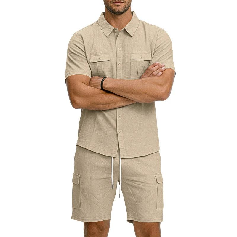 Men's Lapel Shirt And Multi-Pocket Shorts Set by GJG Denim