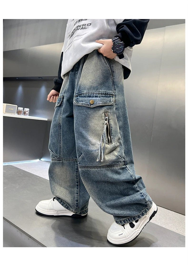 Simple And Versatile Boys' Pants Loose Cargo Jeans by GJG Denim