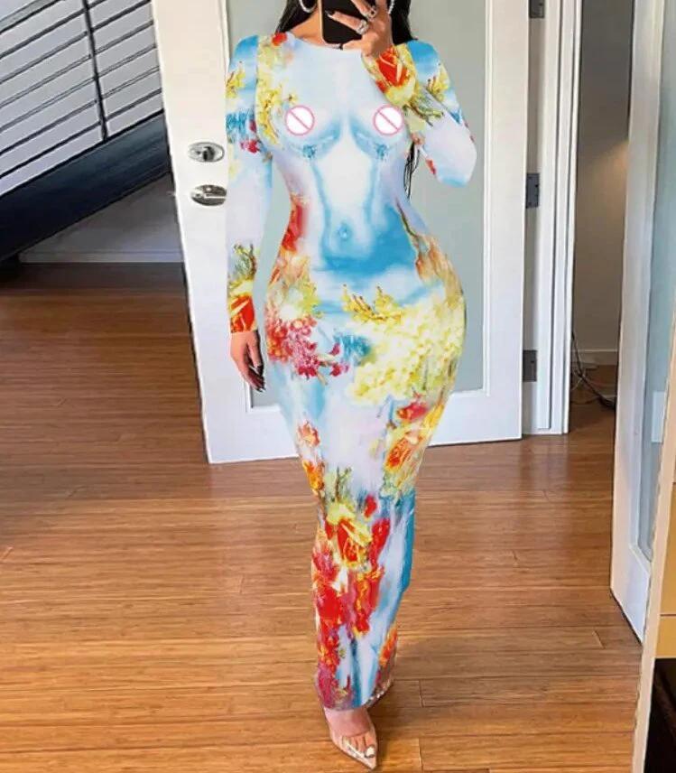 Fashion Women's Printed Wear Long Sleeve Narrow Dress by GJG Denim