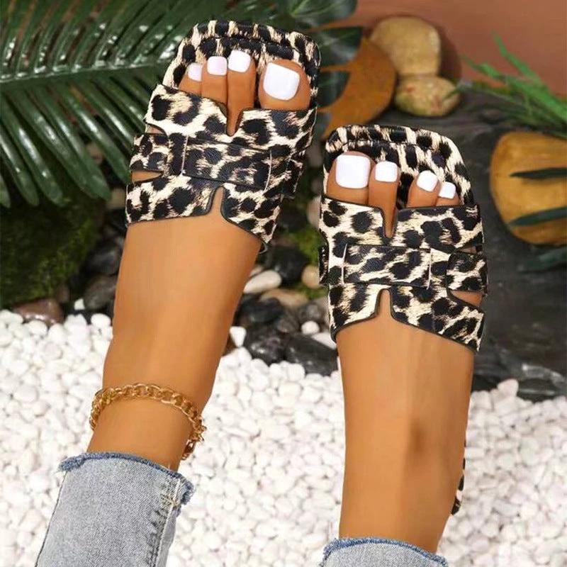 Leopard Print Square Toe Casual Sandals by GJG Denim