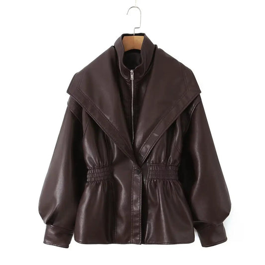 Turn-down Collar Loose Leather Jacket Womens Top by GJG Denim