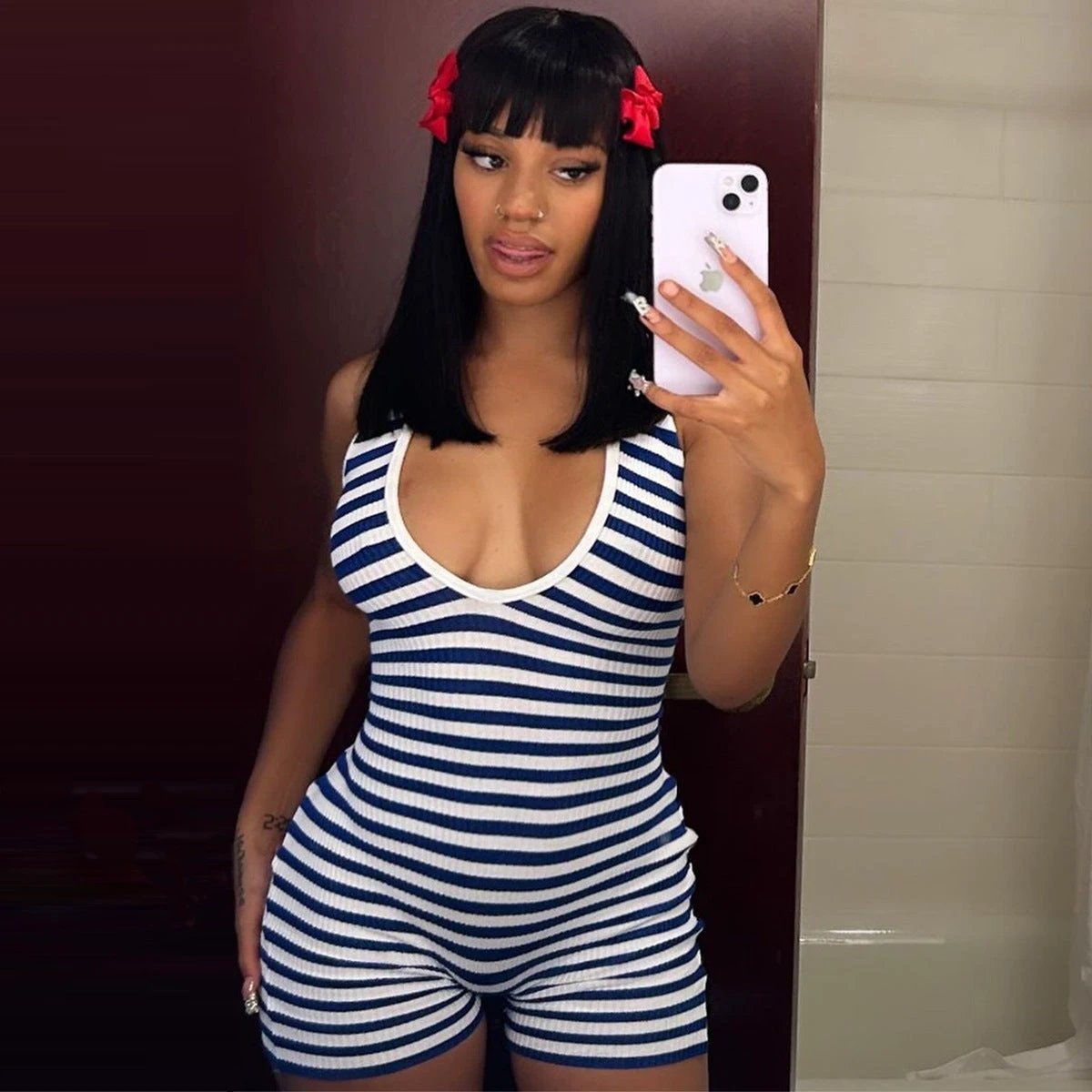 Fashion Detachable Neck Strap Slim Striped Romper by GJG Denim
