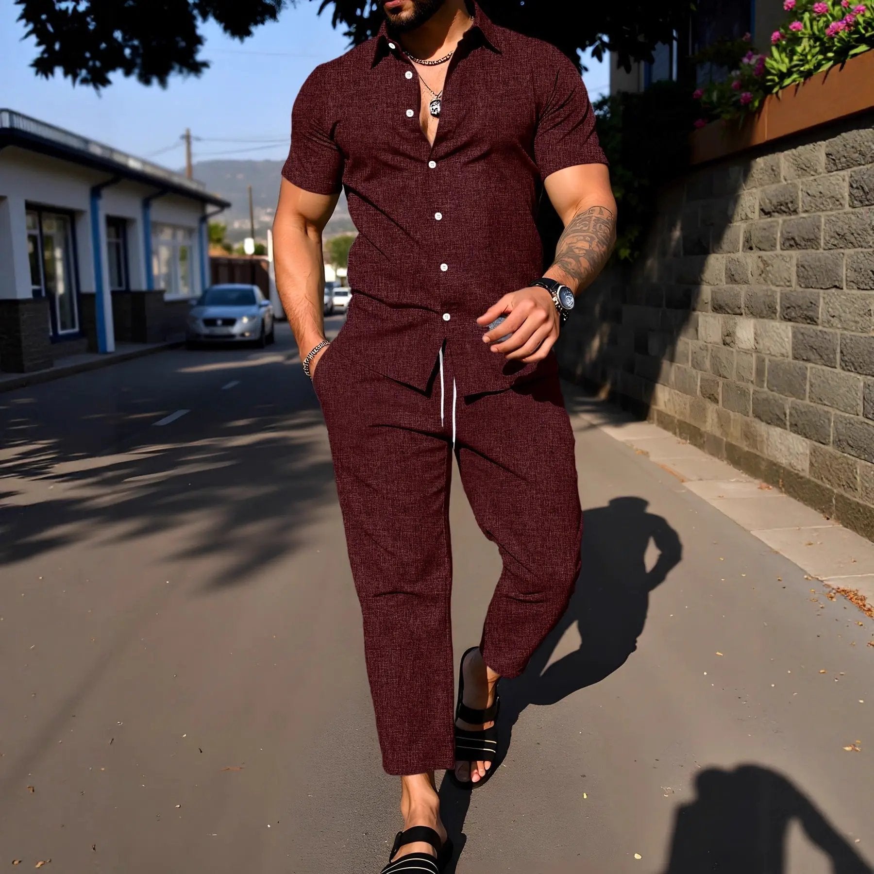 Short-sleeve Shirt And Trousers Casual Summer Set by GJG Denim
